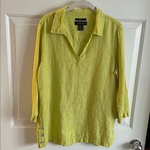TAHARI Top Tunic LINEN  Large V neck Elbow Sleeve Chartreuse Green Pull over